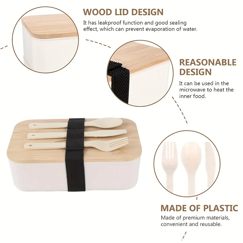 Bamboo Lid Lunch Box And A Set Of Knives, Forks And Spoons Sealed Lunch Box Salad Suitable For Work,School,Camping