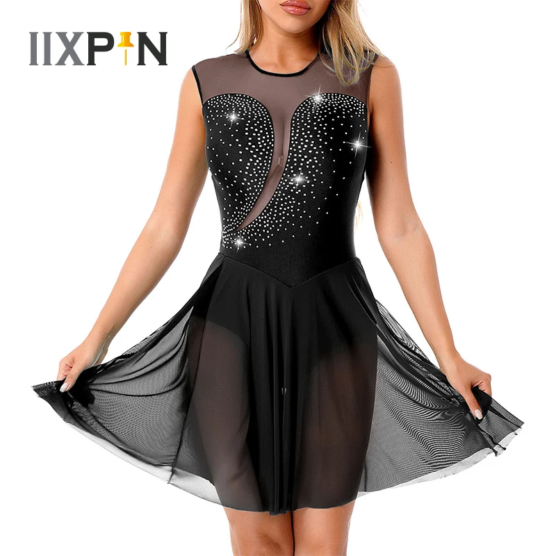 

Women Contemporary Lyrical Dance Dress Ladies Sleeveless Ballet Dance Leotard Dress Figure Skating Dancewear Performance Costume