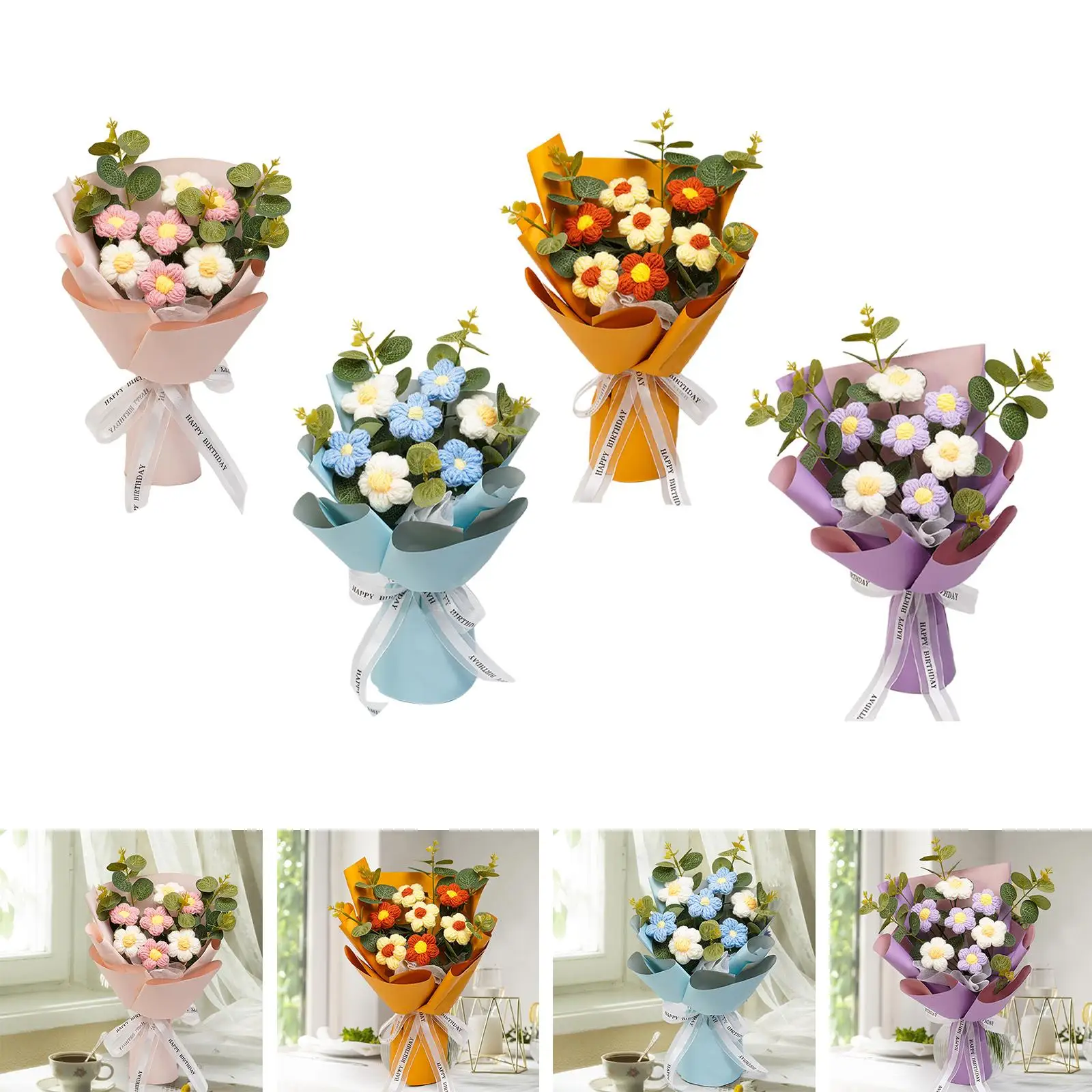 Crochet Flower Bouquet Mother Day Gift Versatile Floral Arrangements Hand Woven Bouquet for Desktop Party Wedding Home Gift