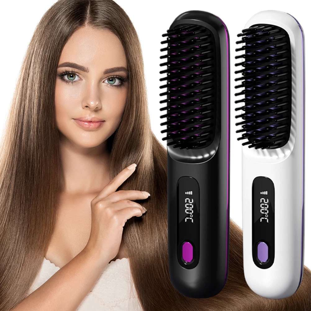 Ceramic Heating Electric Brush Cordless Hair Straightener Brush LED Temperature Display Portable Mini Travel Straightener