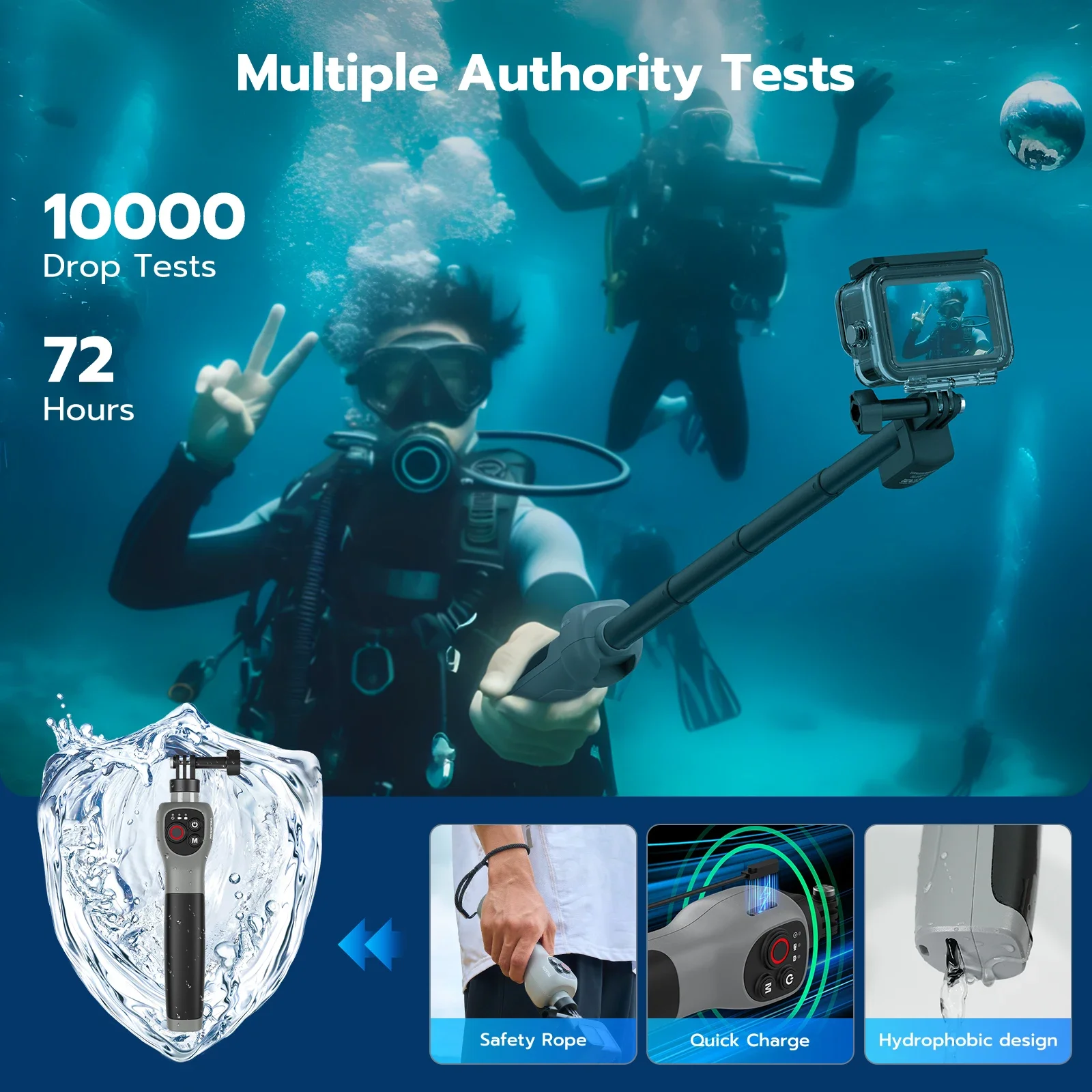 Perche selfie sous-marine IPX68 déployée avec GoPro en action, parfaite pour selfies et vidéos subaquatiques jusqu'à 30m