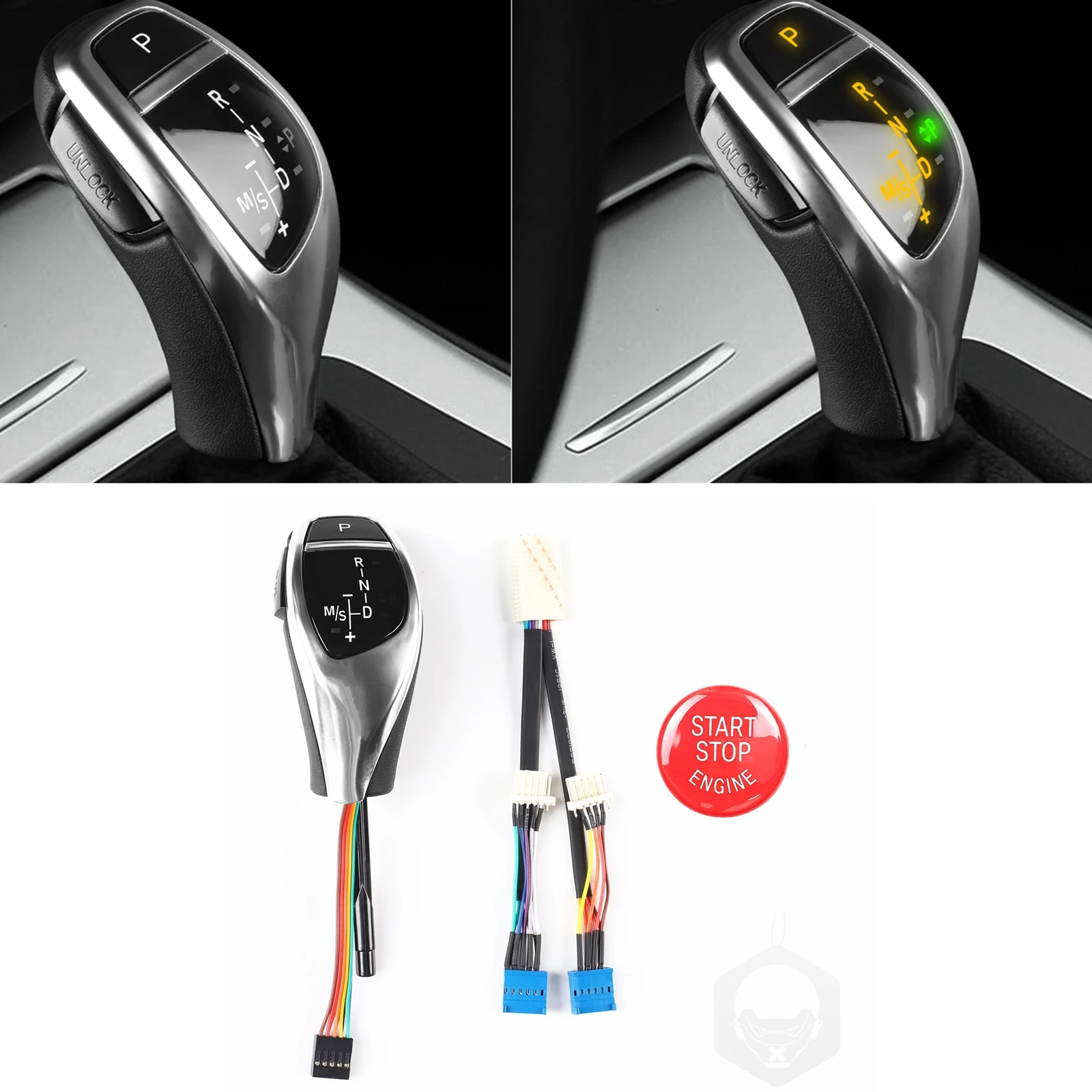 

For BMW 1 Series E81/E82/E84/E87/E88 E90 E91 3 Series E92 E93 Z4 23i 30i LED Gear Shift Head Knob+Engine Start Stop Button Cover