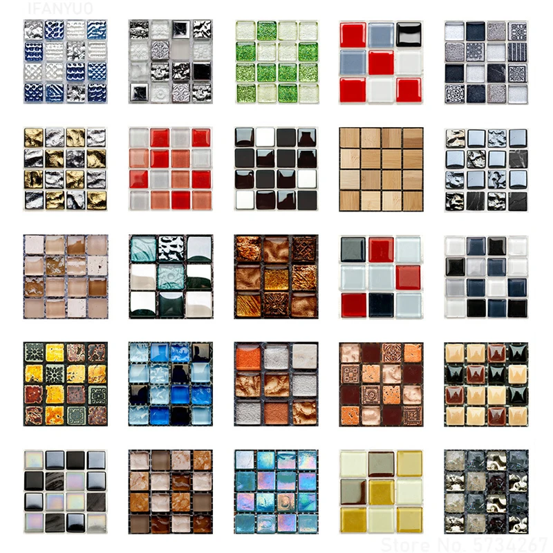 Wall Stickers 10Pcs/Set Mosaic Simulated Tile Stickers Waterproof Self Adhesive Wall Decal Kitchen Bathroom Wallpaper Peel Stick DIY Art Mural