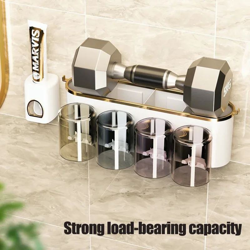 Toothbrush Holder Wall Mounted Toothpaste Squeezer Wall Mount Home Bathroom Cup Storage Rack Without Drilling Shaver Dispenser