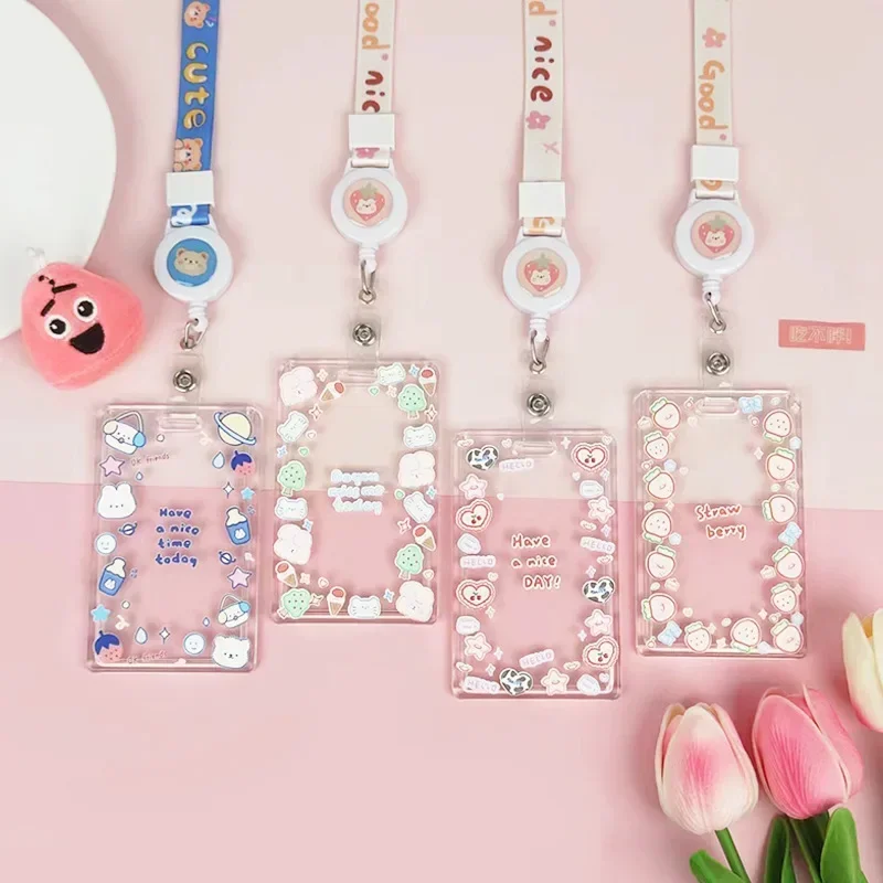 Ins Cute Transparent Lanyard Card Cover Student Bus Cards Sleeve Cartoon Work Card Covers Credit Holder with Spring Rope