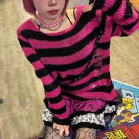 New Women's Punk Gothic Oversized Pullover Sweater Striped Hollow out Cool Harajuku Aesthetics Spring Autumn