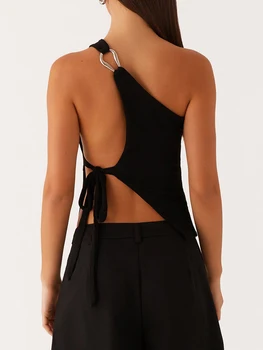 Elegant One Shoulder Blouse Women s Fashionable Sleeveless Top with Chic Side Knot Detail for Summer Wear 5