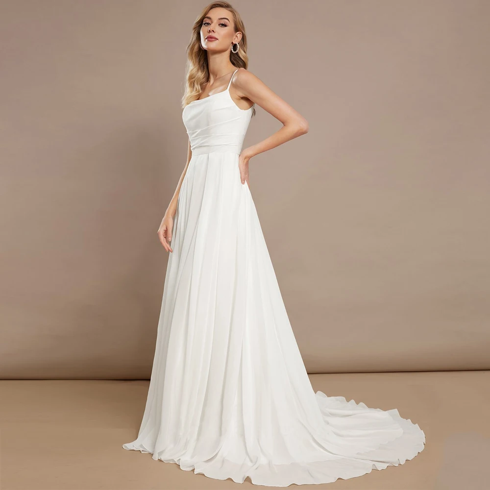 Simple Spaghetti Straps Wedding Dresses Boat Neck Sleeveless Bridal Grown Draped Front Slit Open Back A Line Vestido De Noiva 2
