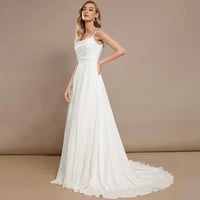 Simple Spaghetti Straps Wedding Dresses Boat Neck Sleeveless Bridal Grown Draped Front Slit Open Back A Line Vestido De Noiva 2