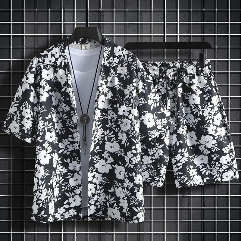 thumbnail image 1 of Conjuntos de camisas para hombre, conjuntos de playa blancos, conjunto de 2 piezas, conjunto coreano de dos camisetas, pantalones cortos, trajes para hombre, elegantes, 5xl, elásticos, sueltos, fresco, 1 of 5