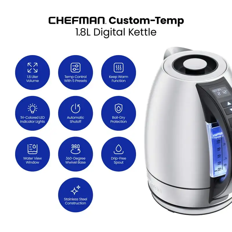 Chefman 1.8L Digital Electric Glass Kettle, 1500W Rapid Boiling & 7  Presets, Stainless Steel, Silver Portable Kettle - AliExpress