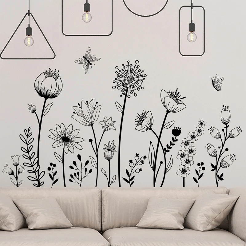 

2pcs/set PVC Wall Sticker Flower Pattern Wall Decal For Home Kids Plain Flower Butterfly Wall Sticker