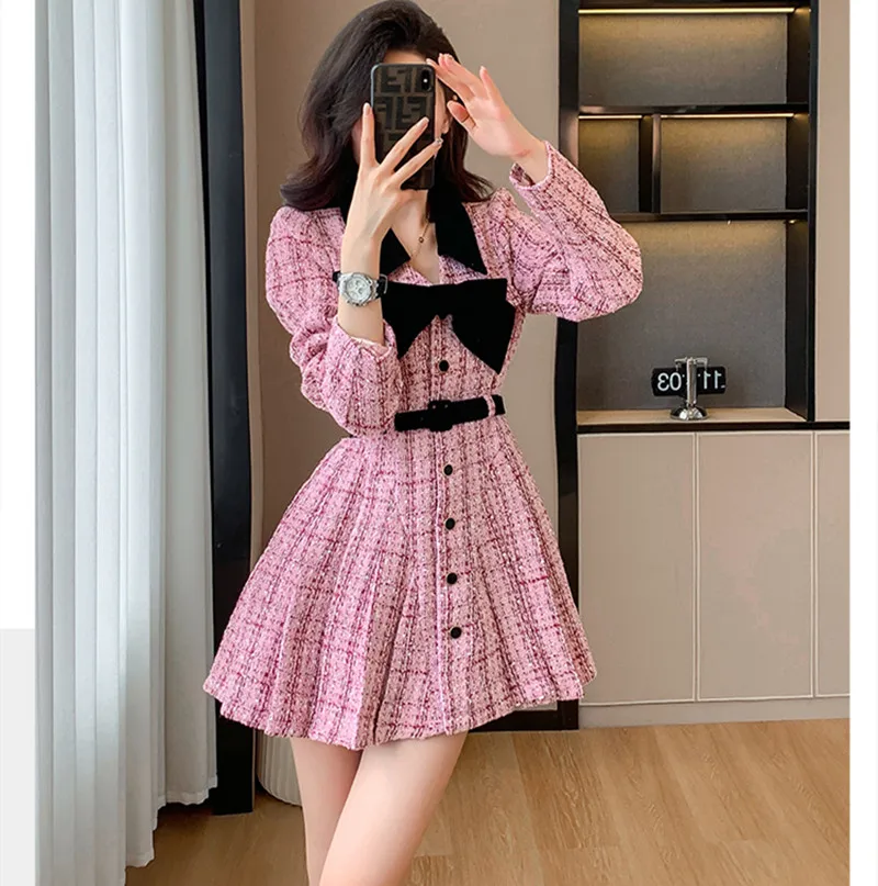 New Women's Tweed Pleated Mini Dress Winter Thicken Warm