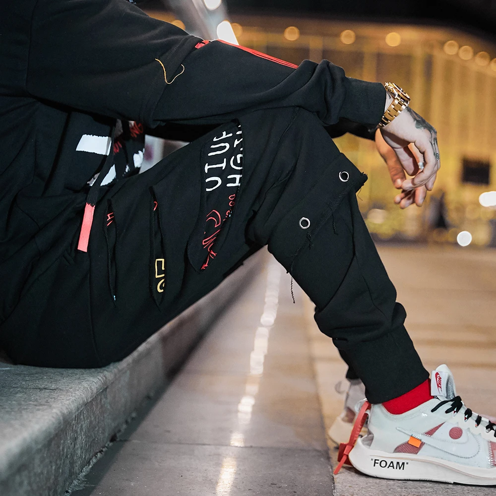 Men s Streetwear Sweatpants Cotton Ripped Black Urban Joggers