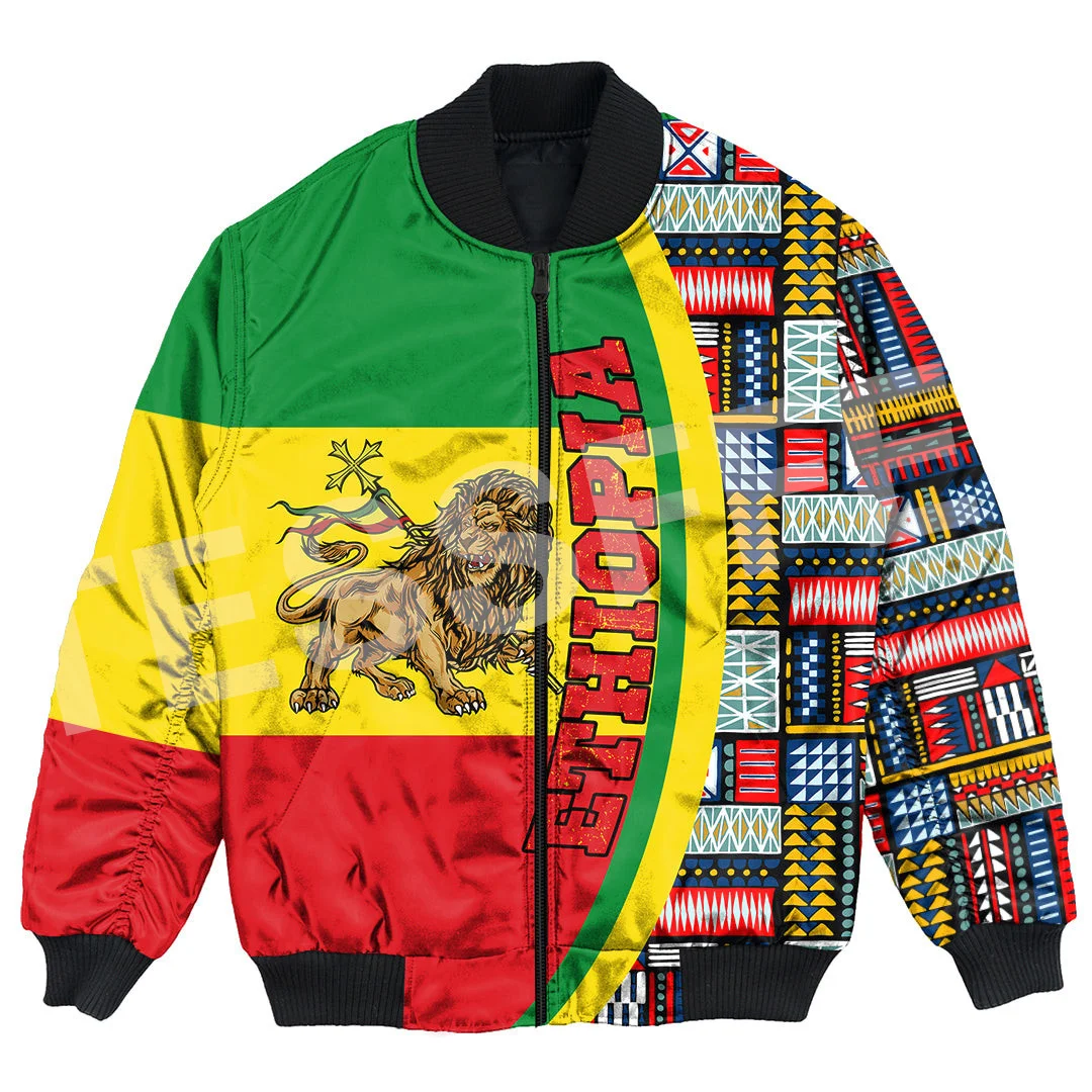 Ethiopia County Flag Kente Reggae Africa Tribe Lion Retro 3DPrint Unisex Harajuku Winter Coat Casual Windbreaker Bomber Jacket V