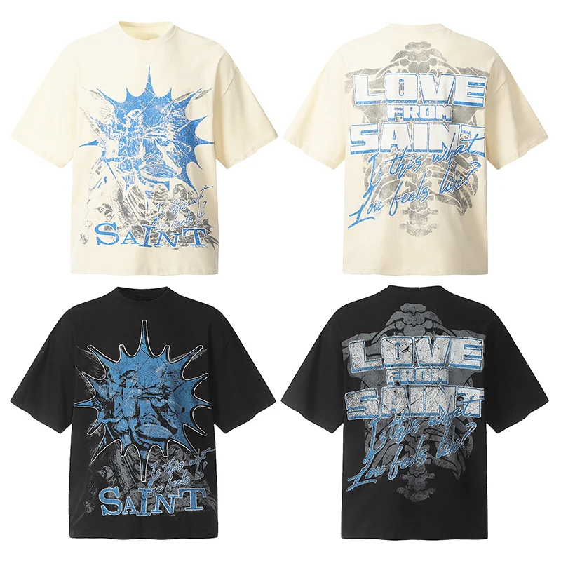 

Retro Saint Michael Men's and Women's Vintage Street Graffiti Casual Loose O-neck Pure Cotton Retro Short Sleeved T-shirt