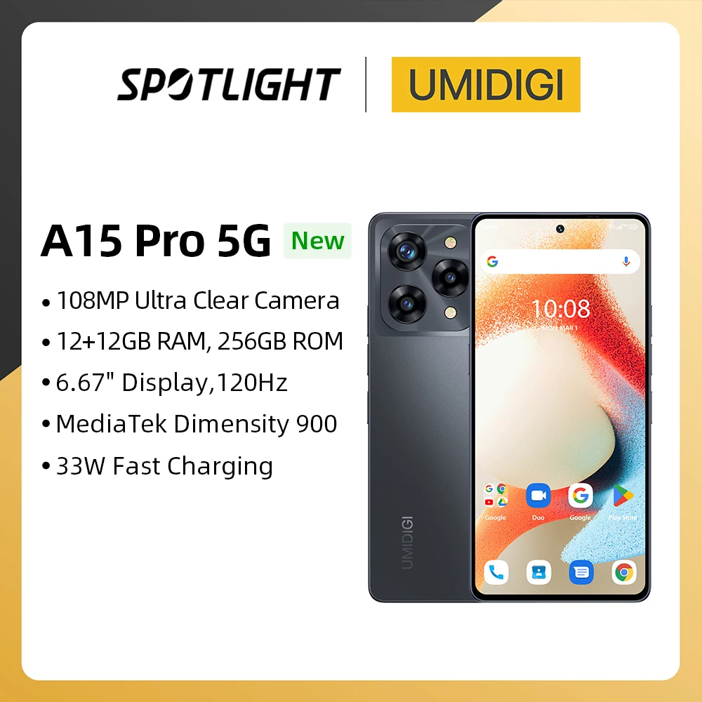 

[World Premiere] UMIDIGI A15 Pro 5G Smartphone NFC Android 13 MTK G900 6.67" FHD+Screen, 8GB 256GB 108MP Camera,5000mAh,33W