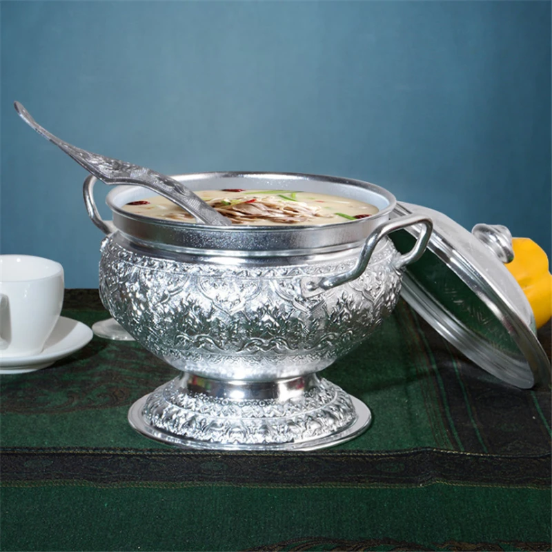 

Tin Tableware Tom Yam Kung soup pot with Spoon Lid Thai Restaurant Kitchenware Sweet Soup Container Rice Cooker Pan