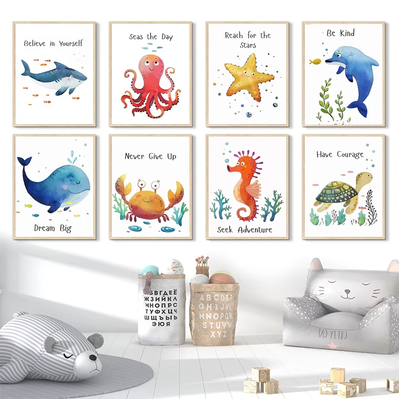

Whale Dolphin Tortoise Octopus Wall Art Canvas Painting Nordic Ocean Animals Posters Prints Wall Pictures Baby Kids Room Decor