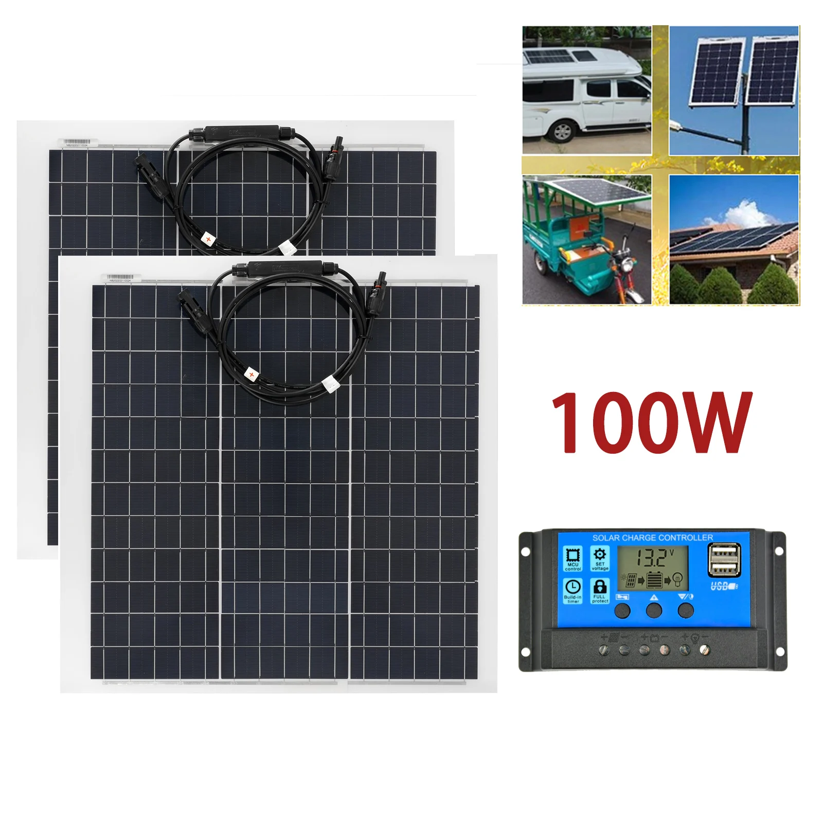 

100W 18V Solar Panel 60A Controller System Monocrystaline Dual USB Outdoor Car RV Rechargeable Kit Cable Portable Waterproof