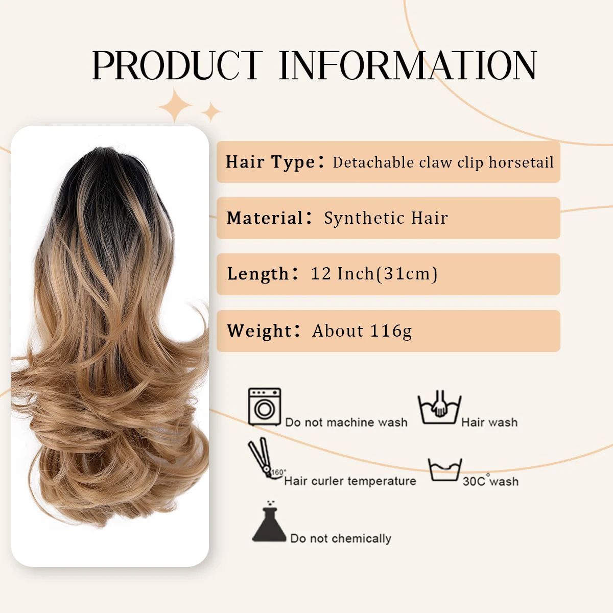 12 inch curled edge detachable claw clip ponytail extension synthetic wave fluffy drawstring claw clip style ponytail fake hair extensions