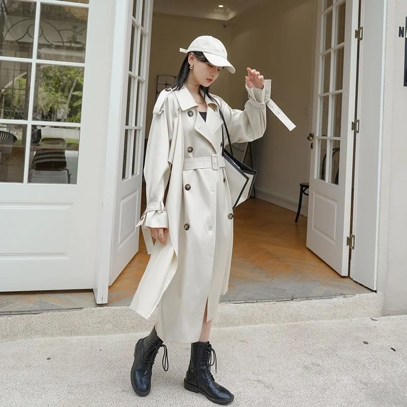 

2022 Autumn Temperament Shawl Design Long Windbreaker Double Breasted OL Long Coat Loose korea chic Trench Coat Outwear M113