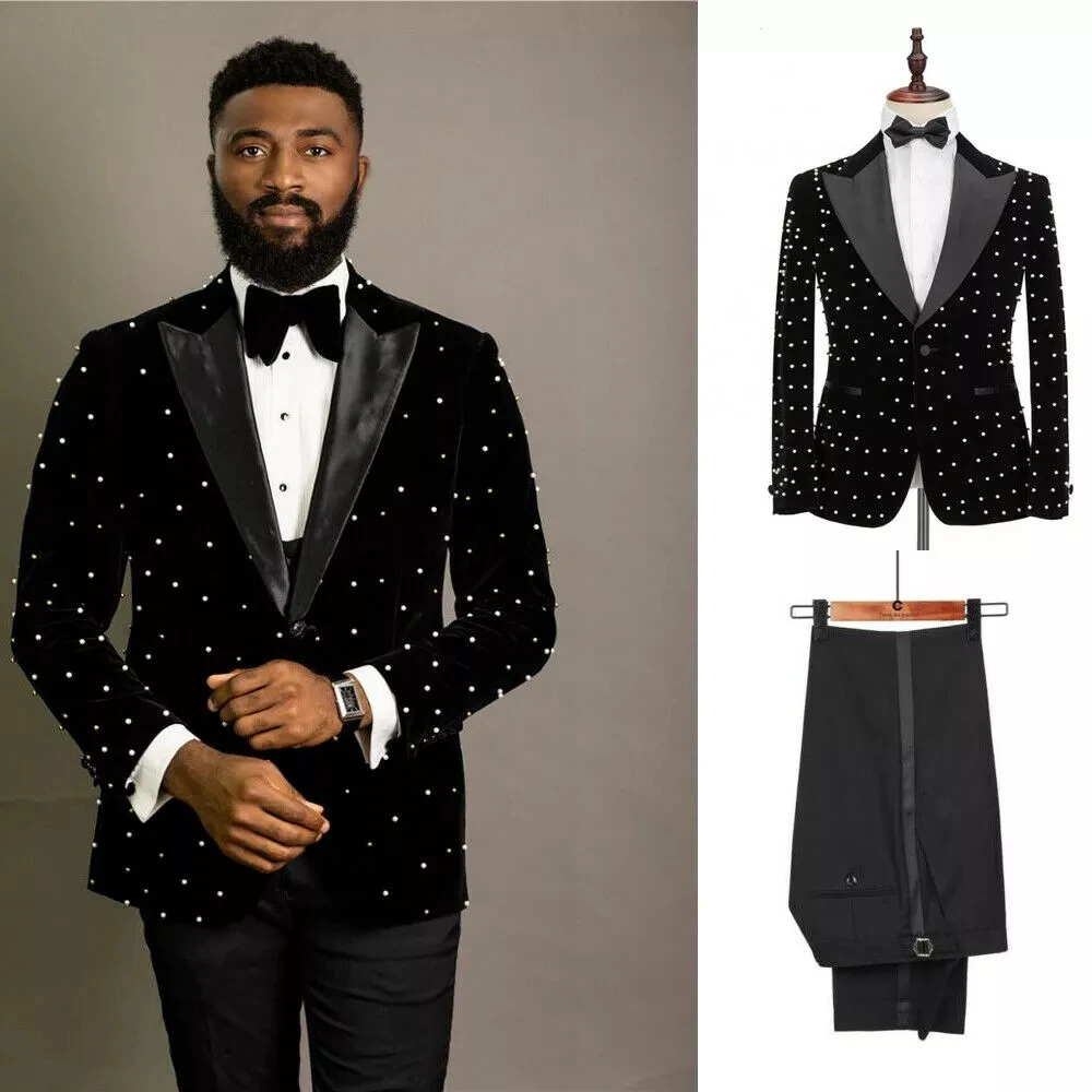 

2023 New High Quality Men Suits Black Velvet Crystal Groom Tuxedos Slim Fit Formal Business Party For Wedding Set Best Blazer