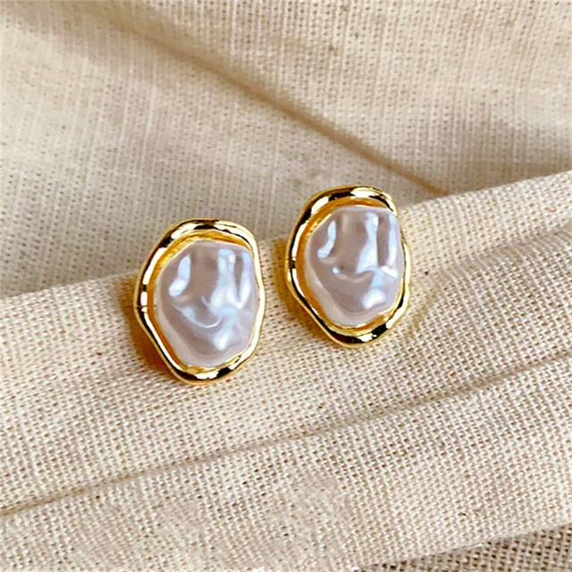 86814-5eb78f.jpg Boucles d'oreilles en perles baroques irrégulières pour femmes, exquises, Vintage, Style français, couleur or, bord en métal, accessoire de bijoux