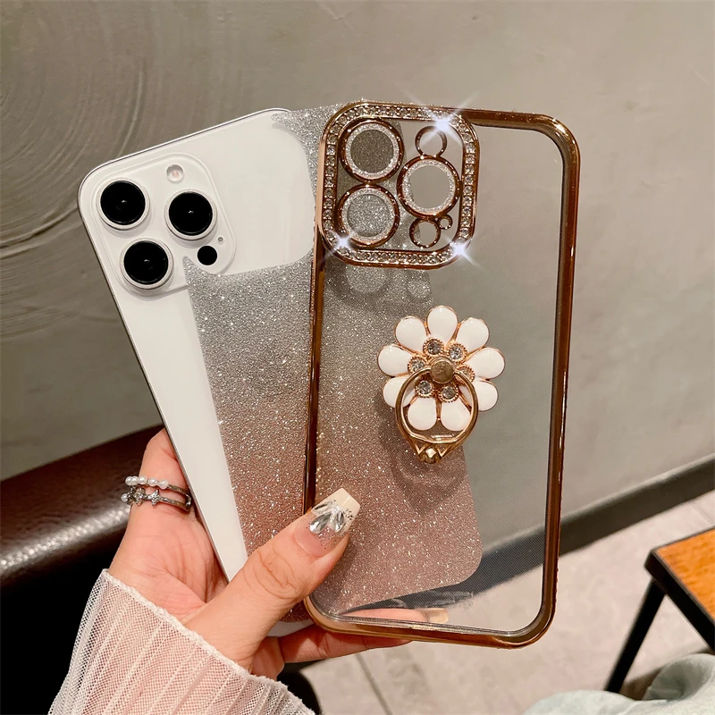Luxury Plating Flash Diamond Frame Glitter Phone Case with Holder Stand Cover