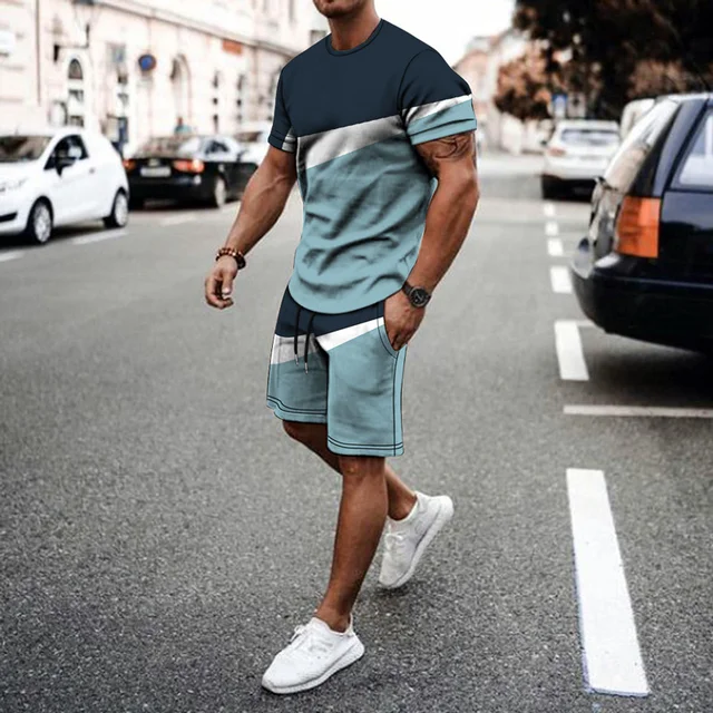 2022 New Summer Men's Suit Casual Beach Shorts Suit Sea View 3D Printing Short Suit Ordinary O-neck T-shirt 2-piece Set Oversize TS1275
