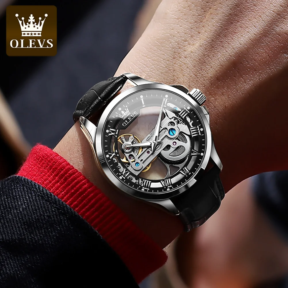 OLEVS Orologio da uomo quadrato di lusso automatico a carica automatica scheletro marrone traspirante cinturino in pelle vestito multi-calendario impermeabile fasi lunari elegante regalo adatto, Oro