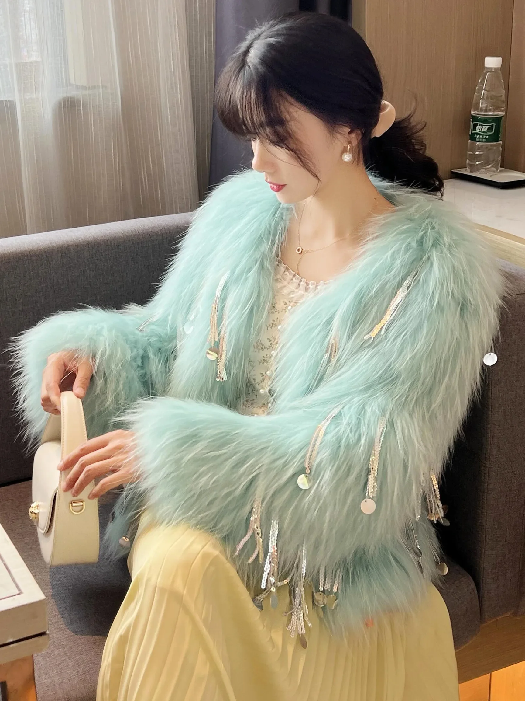Fashion Korean Style Round Neck Long Sleeve Women's Fox Fur Fur Coat Winter Short Elegant Commuter Sequined Tassel Faux Fur Coat