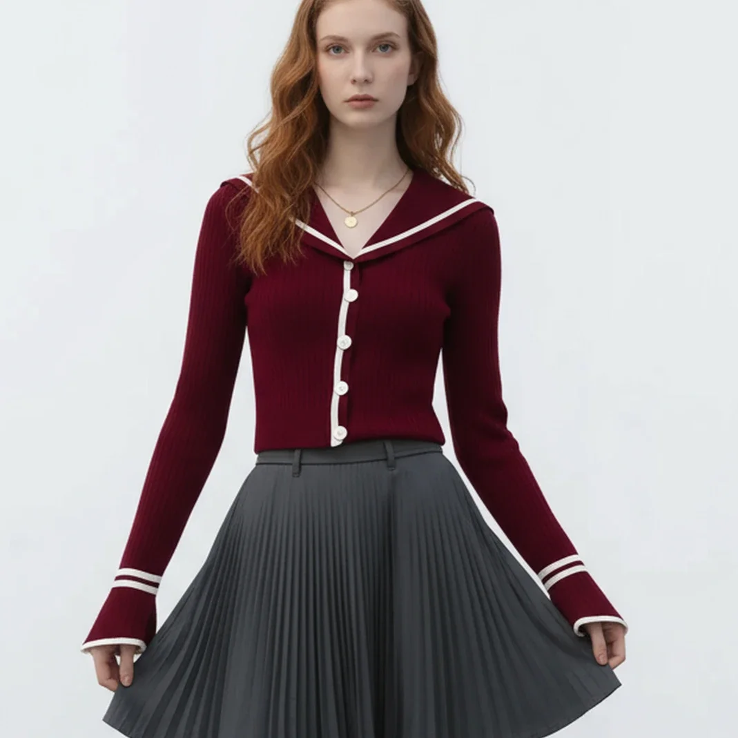 2025 Fall Winter Navy Neck V-Neck Women's Slim-fit Long Sleeve Sweater New Elegant Women's Knitwear Cardigan Top