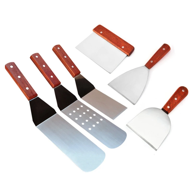 Stainless Steel Burger Spatula,Square Spatula Cooking Scraper Hamburger Turner With Wooden Handle For Barbecue, Steak