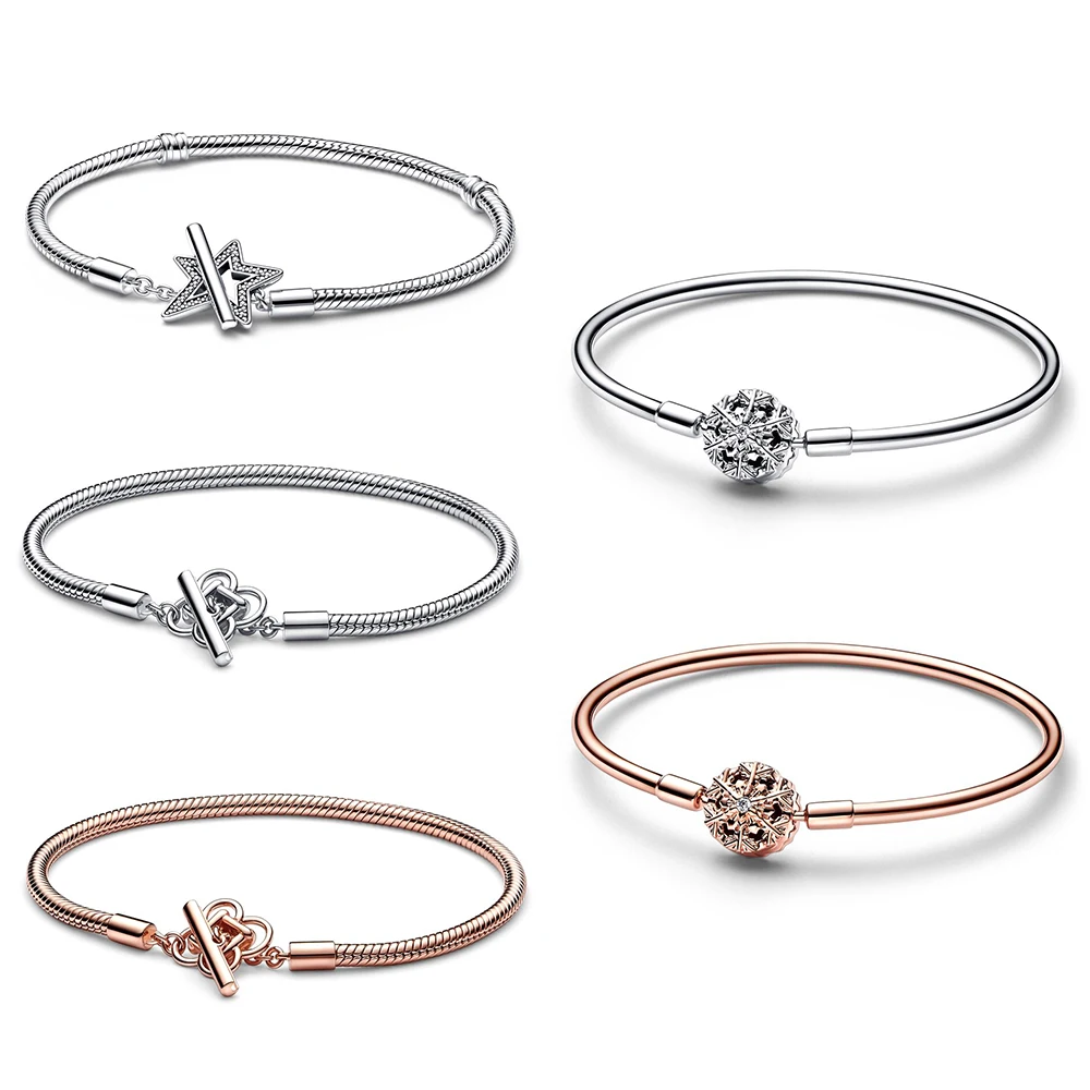 

Authentic 925 Sterling Silver Asymmetric Star T-bar Snake Chain Bracelet Fit Women Bead Charm Fashion Jewelry