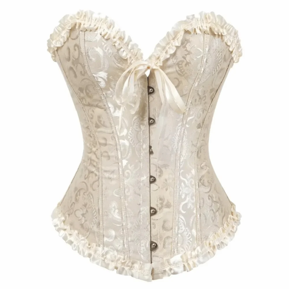 Gothic Corsets Lace Up Corset Top Y2K Elegant Ruffle Bustier Corset Floral Lace Jacquard Design Overbust Boned Bustiers Top Girl