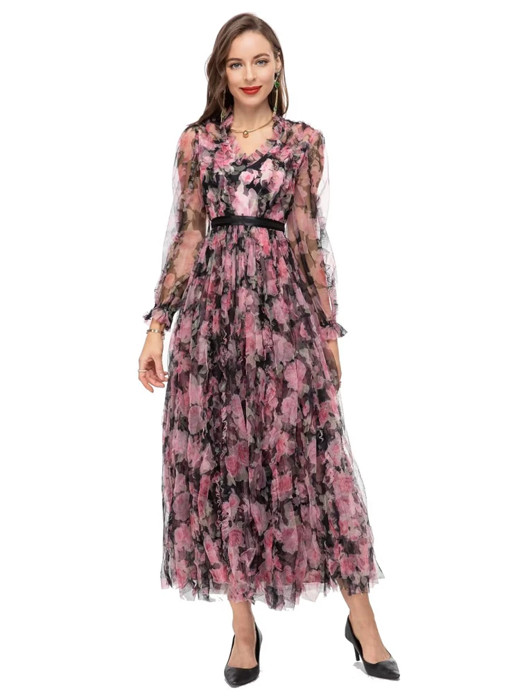 

High Quality Fashion Spring New Women'S Print V-Neck Mesh Party Casual Holiday Holiday Bohemian Gorgeous Slim Elegant Long Dress