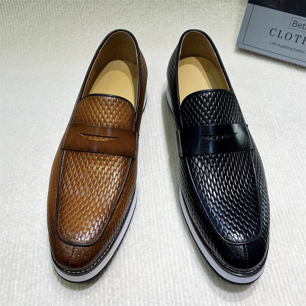 Luxury Genuine Leather Men's Slip-On Sneakers Hollow Out Breathable Business Casual Penny Loafers Flat Mocassins for Shopping