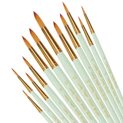 Professional 12-Piece Paint Brush Set with Round Pointed Nylon Tips for Versatile Painting Techniques (12pcs Green Round)