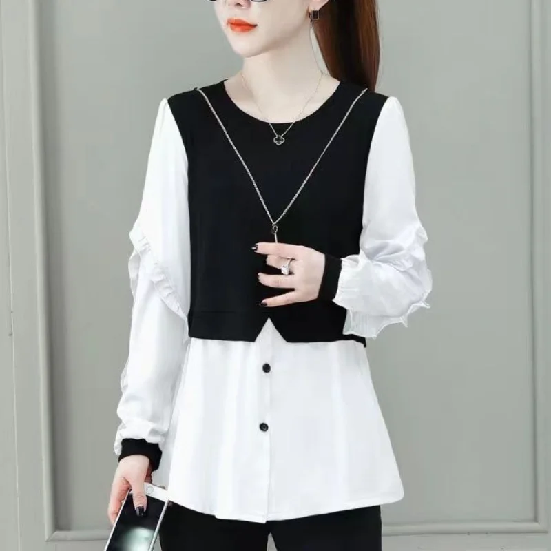 Spring and Summer New Korean Version Temperament Women's Clothing Splices Button Round Neck Long Sleeve Trend Commuter Shirt korean version 넥워머 new fashion шарф женский зимний button plush thick scarf for women winter warm student neck trend hot sale