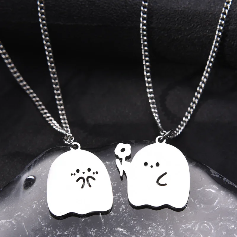 Ghost Heart Matching Necklace Set – Stainless Steel Couple Pendant For Halloween, Gifts & Everyday Wear