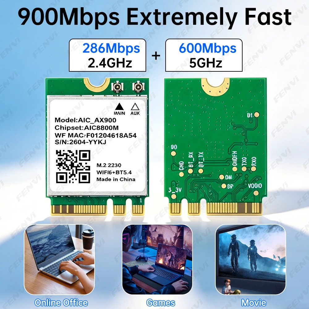 fenvi WiFi 6 블루투스 5.4 M.2 네트워크 카드 AX900 듀얼 밴드 2.4G&5GHz 무선 어댑터(노트북 PC용) Win 10/11