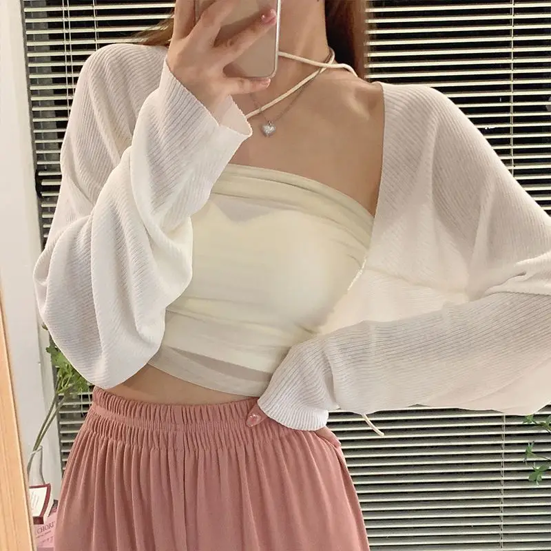 

Summer New Solid Color Short Thin Korean Cardigan Long Sleeve Ice Silk All-match White Sweet Tops Fashion Trend Women Clothing