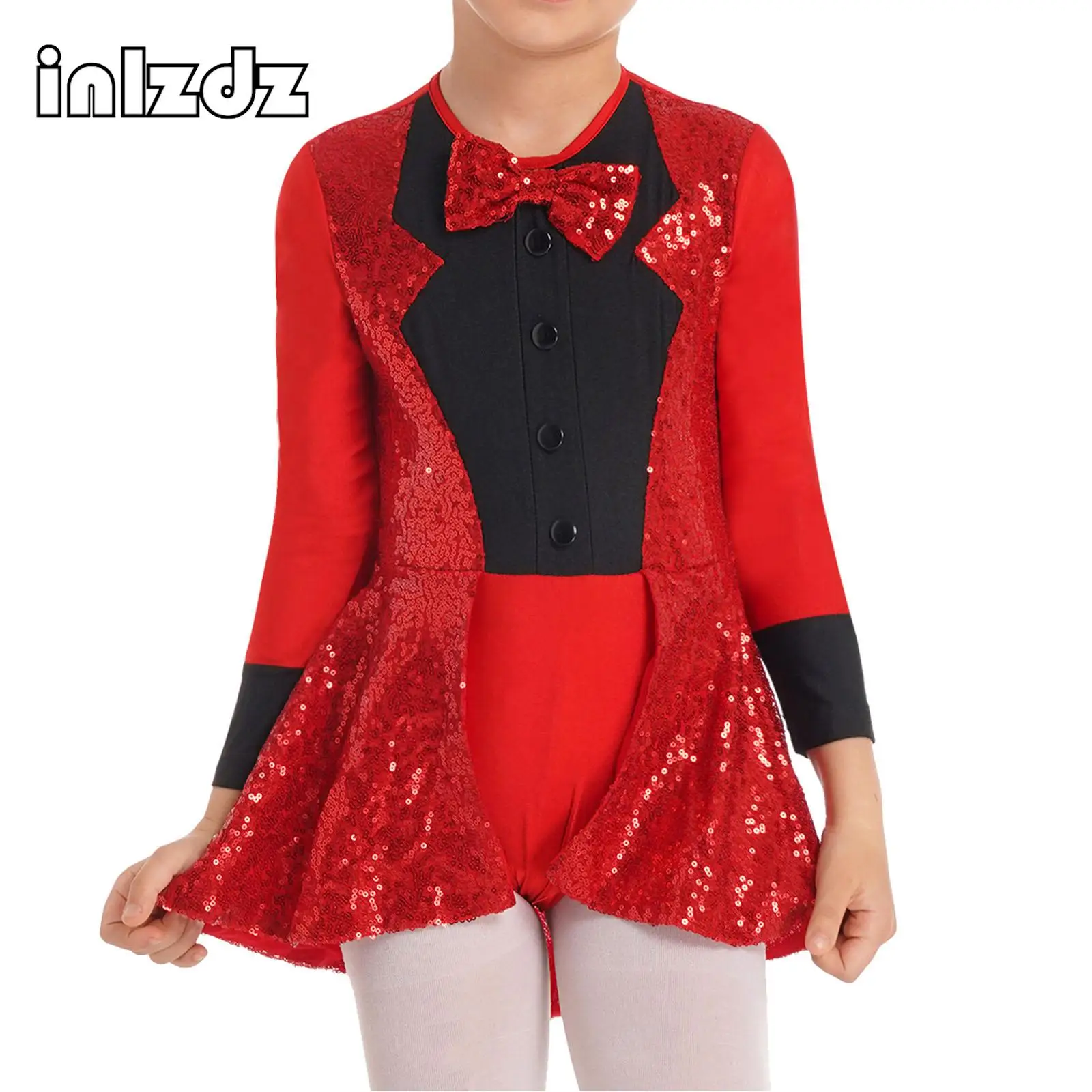 

Kids Girls Bow Tie Sequins Gymnastics Leotard Circus Ringmaster Cosplay Costume Long Sleeves Tuxedo Latin Jazz Dress Up Clothes