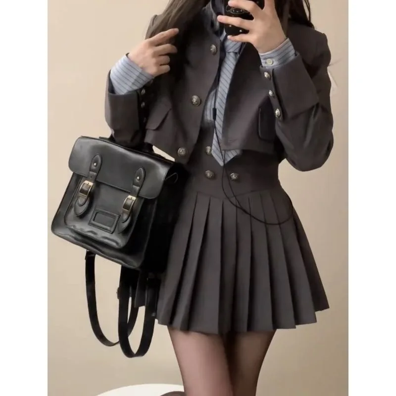 Autumn New 3 Piece Set Women Kawaii Skirt Suits Female Short Coat Pleated Mini Skirt Striped Shirt Y2K Korean Fashion Outfits