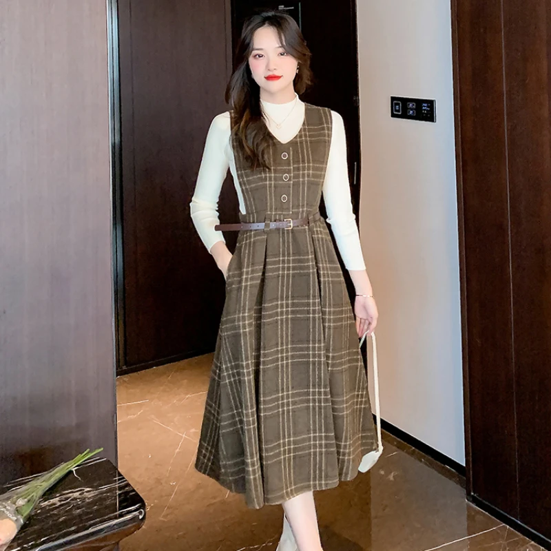 

Fashion Retro Women Autumn Winter Casual Elegant Plaid Vest Midi Dress + Long Leeve Knitted Pullover Top Two piece Set with Belt