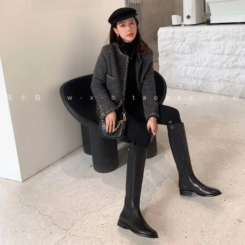 Women Knee Boots Genuine Leather Women Chelsea Boots Leather Knee High Heels Casual Socks Shoes Platform Spring Winter