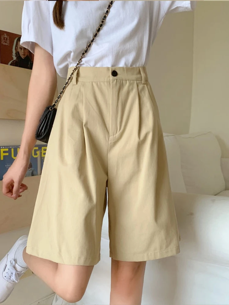 Soft Pleated Shorts Women’s Japan Simple Summer Knee Length Trousers College Teens Unisex Vintage High Rise Waist Loose Plus size womens Japanese Clothing for Woman in Khaki