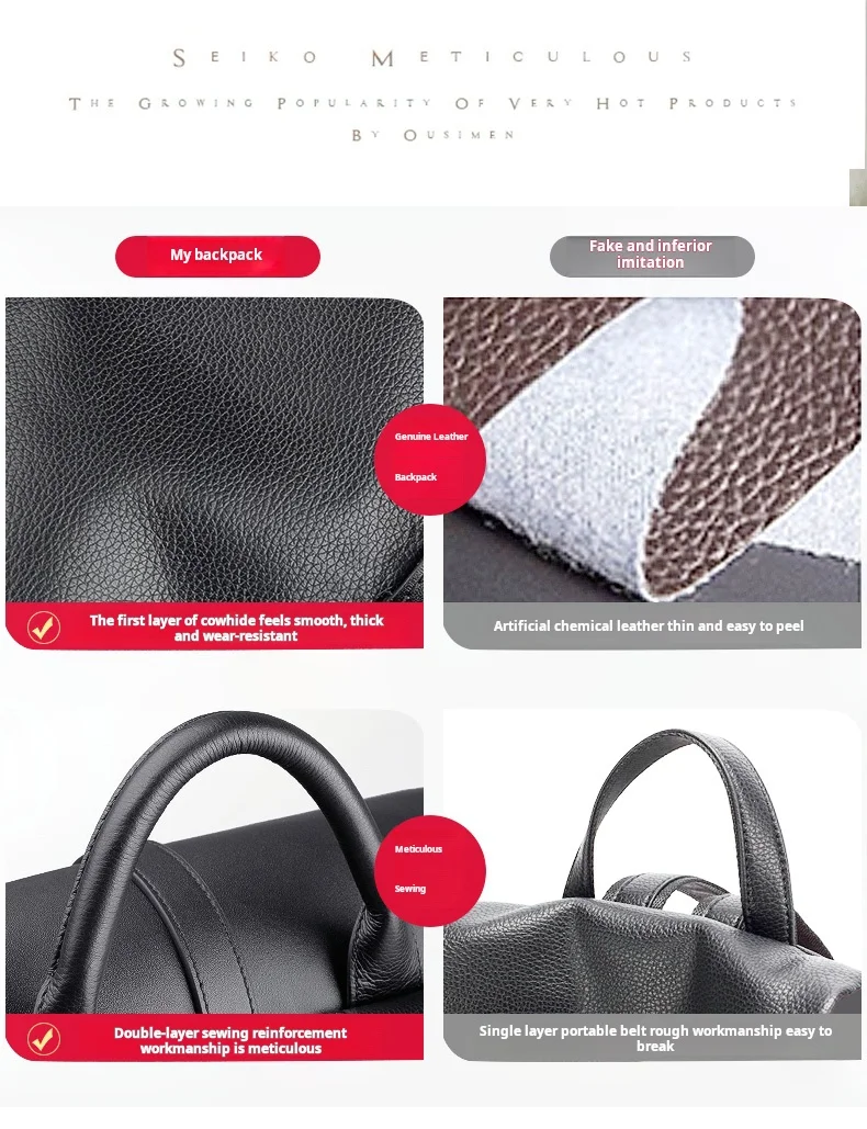 حقيبة ظهر عصرية من جلد البقر الطبيعي متعددة الاستخدامات للرجال، حقيبة أعمال أنيقة بحمالتين للكتف باللون الأسود