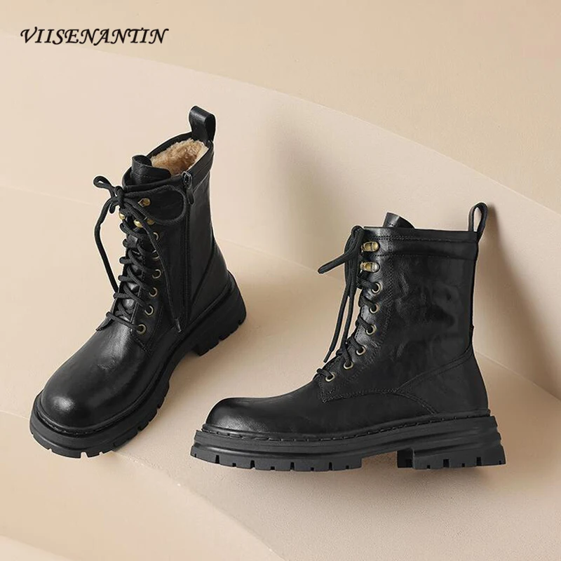 

Winter New Cow Leather Warm Wool Inside Ankle Boots Retro Style Round Toe Thick Bottom Martin Boots Lace Up Short Boots Females